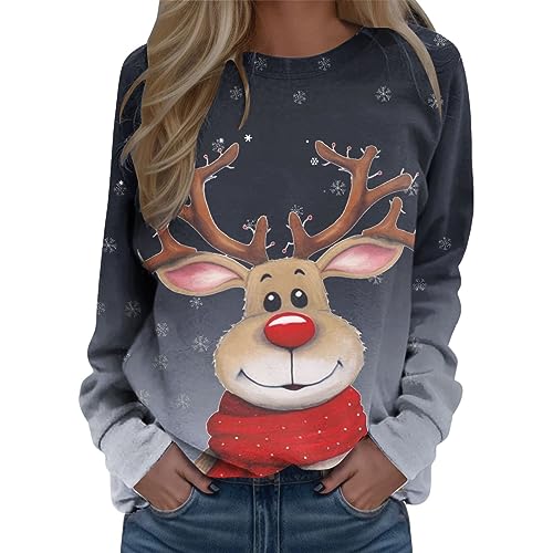 weihnachtspulli Damen lustig Große Größen Winter Langarm Rentier Drucken Pulli Chirstmas Rentier Print Langarm Sweatshirt Große Größe Langarmshirt Bluse Dunkelgrau M von Bluelucon