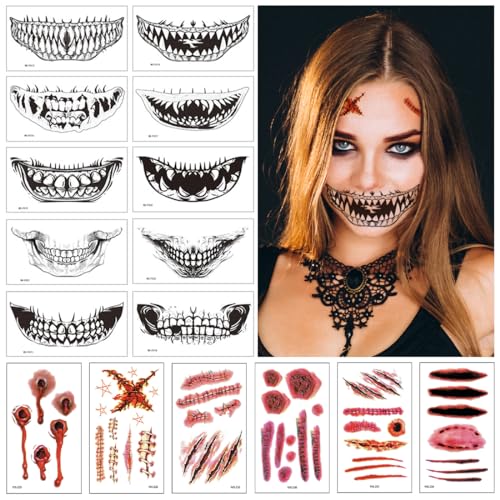 14 Blätter Halloween Aufkleber Gesicht,Mund Temporäre Tattoos Gesichtstätowierung Mit Totenkopf Floral,Temporäre Tattoo Totenkopf, Glitzersteine Aufkleber für Halloween Karneval Party von Bluelves