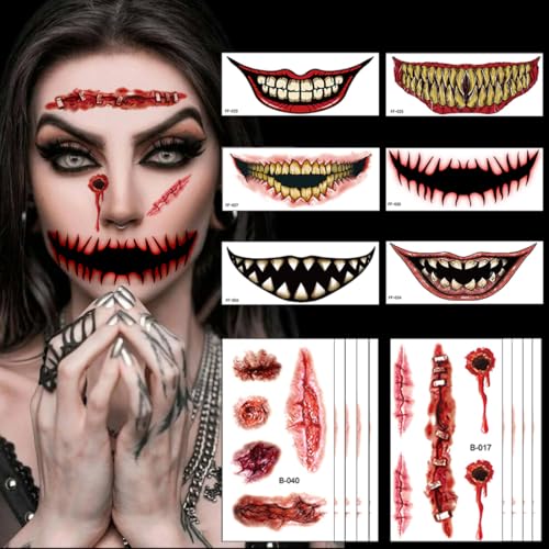 6 Blätter Halloween Tattoos Totenkopf Skull zum Aufkleben,10 Blätter Zombie Scars Tattoos Aufkleber,Halloween Gesichtstattoo Narben Wunden, Halloween Schminke Cosplay, Halloween Kostüm Accessoires 6 Blätter Halloween Tattoos Totenkopf Skull zum Aufkleben,10 Blätter Zombie Scars Tattoos Aufkleber,Halloween Gesichtstattoo Narben Wunden, Halloween Schminke Cosplay, Halloween Kostüm Accessoires von Bluelves