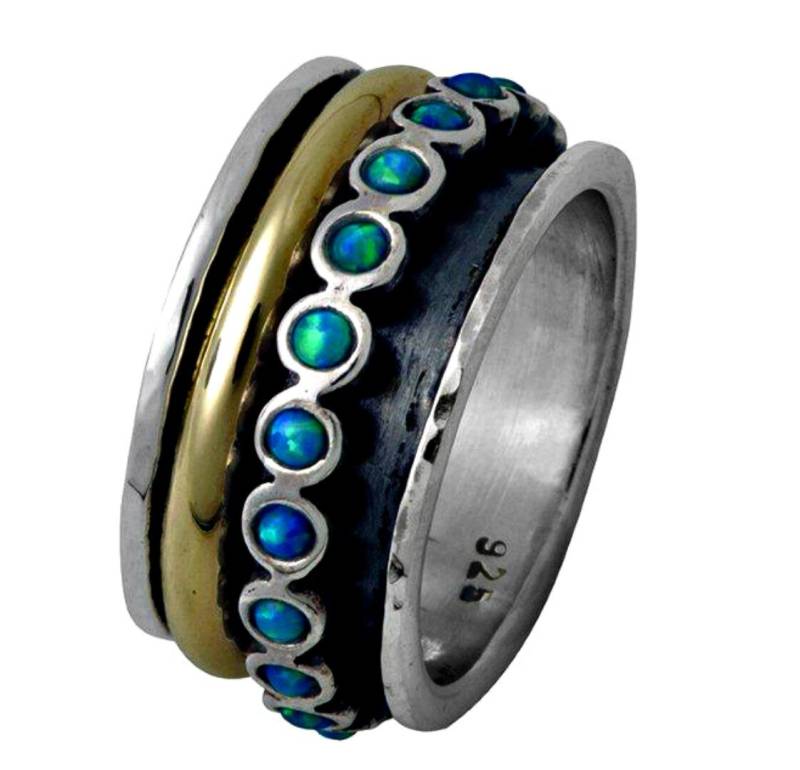 Spinnerringe Für Frauen Schmuck. Sterling Silber Und Gold Ring Set Blue Opals Statement Ring von Bluenoemi