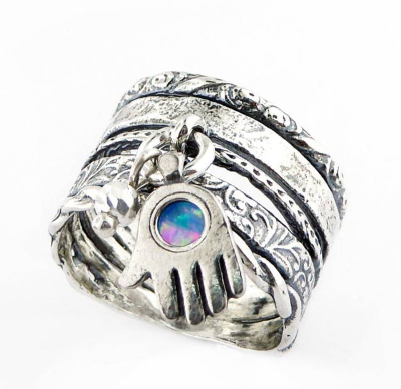 sterling Silber Ring, Vintage Hamsa Charm, Handgefertigter Schmuck Ring von Bluenoemi