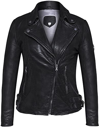 Blueorn Alva Lederjacke Damen - Bikerjacke - Damen Lederjacke – Übergangsjacke - Schwarz Braun Echtleder Tailliert mit Reverskragen (Schwarz, XXL) von Blueorn