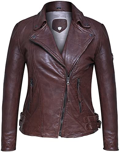 Blueorn Alva Lederjacke Damen - Bikerjacke - Damen Lederjacke – Übergangsjacke - Schwarz Braun Echtleder Tailliert mit Reverskragen (as3, alpha, 3x_l, regular, regular, Dunkelbraun) von Blueorn