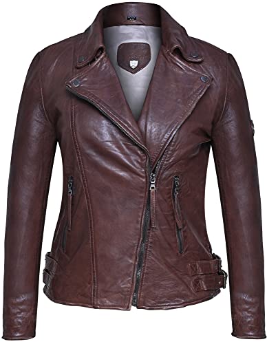 Blueorn Alva Lederjacke Damen - Bikerjacke - Damen Lederjacke – Übergangsjacke - Schwarz Braun Echtleder Tailliert mit Reverskragen (as3, alpha, xx_l, regular, regular, Dunkelbraun) von Blueorn