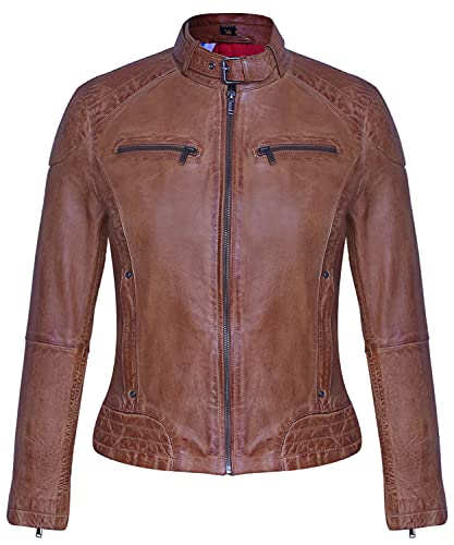 Blueorn Anneli Damen Lederjacke Bikerjacke – Moderner Echt Leder Jacke Übergangsjacke Stehkragen mit Druckknopf Schwarz-Cognac (as3, alpha, m, regular, regular, Tan, M) von Blueorn