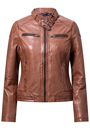 Blueorn Anneli Damen Lederjacke Bikerjacke – Moderner Echt Leder Jacke Übergangsjacke Stehkragen mit Druckknopf Schwarz-Cognac (as3, alpha, s, regular, regular, Cognac-Braun, S) von Blueorn