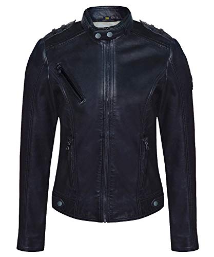 Blueorn Anneli Damen Lederjacke Bikerjacke – Moderner Echt Leder Jacke Übergangsjacke Stehkragen mit Druckknopf Schwarz-Cognac von Blueorn