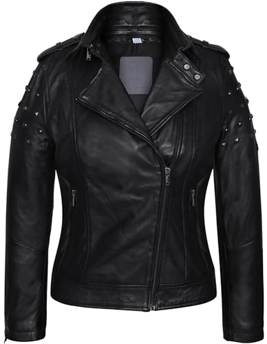 Blueorn Damen Lederjacke ELLEN Modernen Bikerjacke Übergangsjacke Echtleder Jacke mit Nieten Schwarz aus feinstem Lammnappa Leder (DE/NL/SE/PL, Alphanumerisch, L, Regular, Regular, Schwarz) von Blueorn