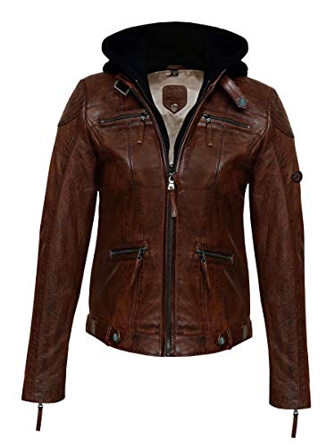 Blueorn Damen Lederjacke INGA mit abnehmbarer Kapuze - Echtleder Bikerjacke Damen aus feinstem Lammnappa Leder im Biker - Braun - Grün von Blueorn