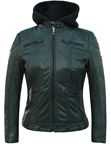 Blueorn Damen Lederjacke INGA mit abnehmbarer Kapuze - Echtleder Bikerjacke Damen aus feinstem Lammnappa Leder im Biker - Braun - Grün von Blueorn