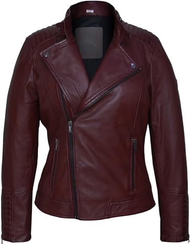 Blueorn Damen Lederjacke RICA Bikerjacke mit Stehkragen - Modernen Echtleder Jacke aus Lammnappa Leder (DE/NL/SE/PL, Alphanumerisch, L, Regular, Regular, Bordeaux) von Blueorn