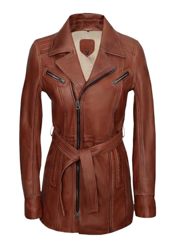Blueorn Elin Damen Ledermantel Kurzmantel Lamb Nappa Echtleder- Übergans Mäntel Frauen mit Ledergürtel Reverskragen Cognac-Schwarz von Blueorn