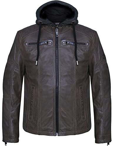 Blueorn Herren Lederjacke Hinrik Bikerjacke-Echt-Leder-Freizeitjacke gefütterte Übergangsjacke - Steppjacke mit Abnehmbarer Kapuzen-Hoodie (as3, alpha, m, regular, regular, Khaki) von Blueorn