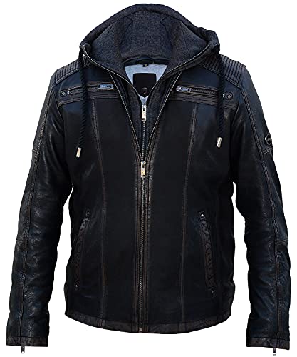 Blueorn Herren Lederjacke Hinrik Bikerjacke-Echt-Leder-Freizeitjacke gefütterte Übergangsjacke - Vintage Steppjacke mit Abnehmbarer Kapuzen-Hoodie (as3, alpha, 3x_l, regular, regular, Schwarz, 3XL) von Blueorn