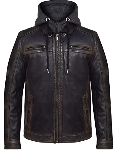 Blueorn Herren Lederjacke Hinrik Bikerjacke-Echt-Leder-Freizeitjacke gefütterte Übergangsjacke - Vintage Steppjacke mit Abnehmbarer Kapuzen-Hoodie (as3, alpha, x_l, regular, regular, Dunkel Braun, XL) von Blueorn