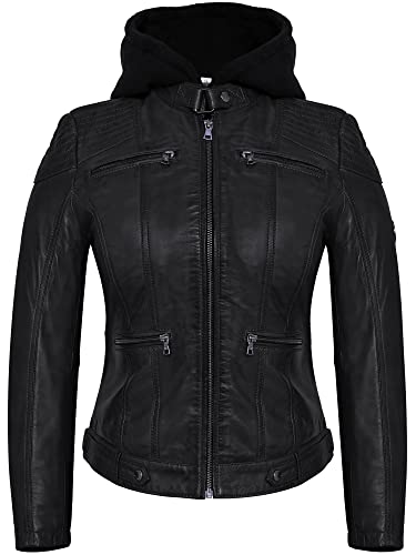 Blueorn INGA Damen Lederjacke mit abnehmbarer Kapuze - Echtleder Bikerjacke Damen aus feinstem Lammnappa Leder im Biker - Braun - Grün (as3, alpha, 3x_l, regular, regular, Schwarz) von Blueorn