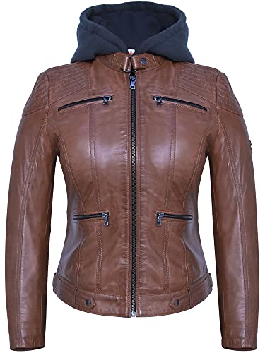 Blueorn INGA Damen Lederjacke mit abnehmbarer Kapuze - Echtleder Bikerjacke Damen aus feinstem Lammnappa Leder im Biker - Braun - Grün (as3, alpha, x_l, regular, regular, Cognac) von Blueorn