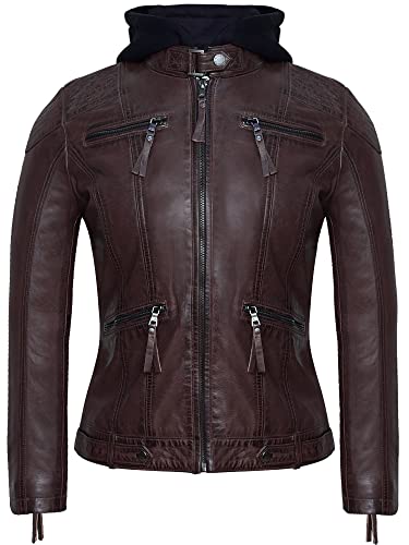 Blueorn INGA Damen Lederjacke mit abnehmbarer Kapuze - Echtleder Bikerjacke Damen aus feinstem Lammnappa Leder im Biker - Braun - Grün (as3, alpha, x_l, regular, regular, Dunkelbraun) von Blueorn