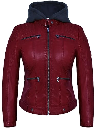 Blueorn INGA Damen Lederjacke mit abnehmbarer Kapuze - Echtleder Bikerjacke Damen aus feinstem Lammnappa Leder im Biker - Braun - Grün (as3, alpha, x_l, regular, regular, Rot, XL) von Blueorn