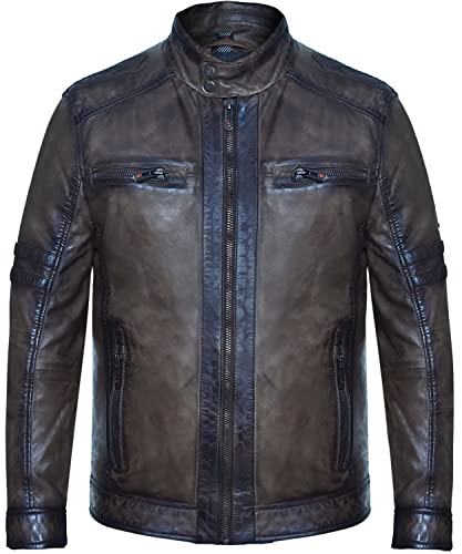 Blueorn LIAM Lederjacke Herren im Bikerstil - Bikerjacke Übergangsjacke Vintage Jacke mit Stehkragen aus Lamm Nappa echt Leder in Braun (as3, alpha, xx_l, regular, regular, Burnt Olive) von Blueorn