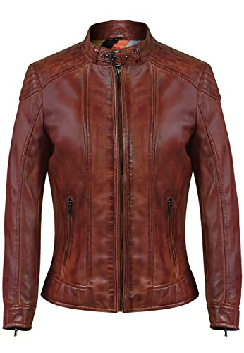 Blueorn Lederjacke Damen Neva Echtleder Bikerjacke Übergangsjacke Frauen - Moderner Jacke mit Stehkragen im Biker Look Cognac (as3, alpha, l, regular, regular, Cognac) von Blueorn