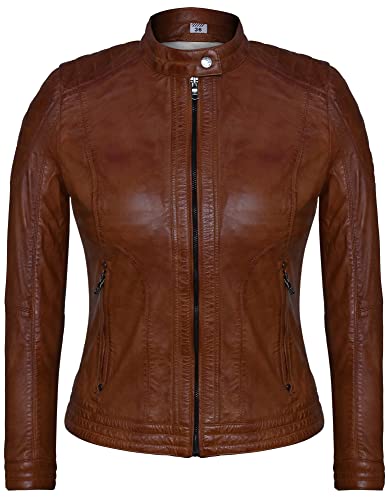 Blueorn Lena Damen Lederjacke mit Stehkragen und Steppungen – Modernen Vintage Biker Look Lederjacke Frauen Echtleder Jacke (as3, alpha, xx_l, regular, regular, Cognac) von Blueorn