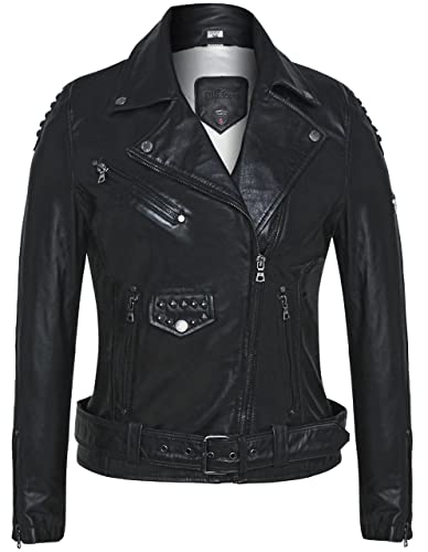 Blueorn Sophie Coole Damen Lederjacke - Bikerjacke Damen Echt Leder Jacke Schwarz aus feinstem Lammnappa Leder mit Gürtel und Reverskragen (as3, alpha, 3x_l, regular, regular) von Blueorn