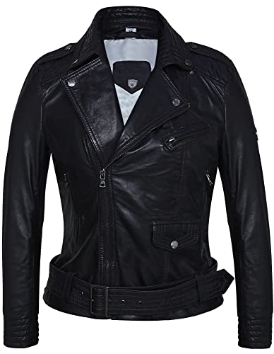 Blueorn YANA Coole Damen Lederjacke - Modernen Bikerjacke Damen Echt Lederjacke Braun -Schwarz mit Reverskragen (as3, alpha, l, regular, regular, Schwarz) von Blueorn