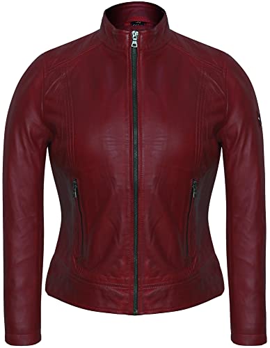 Bluepiel Damen Lederjacke KLARA Bikerjacke mit Stehkragen - Modernen Echtleder Jacke aus Lammnappa Leder Schwarz (as3, alpha, x_l, regular, regular, Rot) von Bluepiel