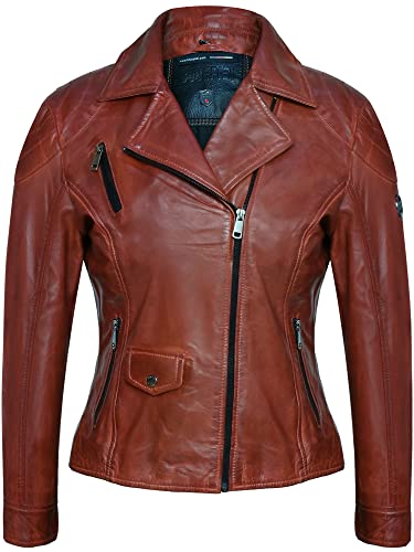 Bluepiel Eleni Lederjacke Damen - Modernen Bikerjacke Echtleder Jacke Übergangsjacke Tailliert mit Reverskragen Braun aus feinstem Lammnappa Leder (as3, alpha, l, regular, regular, Cognac, L) von Bluepiel