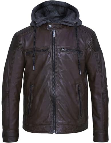 Bluepiel Herren Lederjacke Felix Bikerjacke Jacke aus Lammnappa Leder Abnehmbarer Hoodie-Kapuzen Übergangsjacke Echtlederjacke Freizeitjacke (DE/NL/SE/PL, Alphanumerisch, 3XL, Regular, Regular, Braun) von Bluepiel