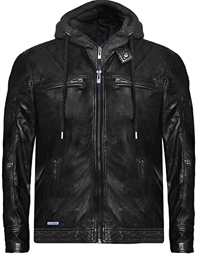 Bluepiel Herren Lederjacke Felix Bikerjacke Vintage Jacke aus Lammnappa Leder mit Abnehmbarer Hoodie-Kapuzen Übergangsjacke Echtlederjacke Freizeitjacke Schwarz (XL, Schwarz) von Bluepiel