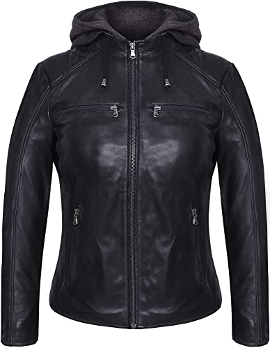 Bluepiel Olena Vintage Lederjacke Damen - Echtleder Bikerjacke mit abnehmbarer Kapuze aus Lammnappa Leder im Biker – Look (as3, alpha, x_l, regular, regular, Schwarz) von Bluepiel