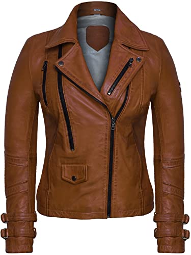 Bluepiel Poula Damen Lederjacke - Modernen Biker-Look - Echt Leder Jacke Rot Tailliert mit Reverskragen aus feinstem Lammnappa Leder (as3, alpha, l, regular, regular, Cognac) von Bluepiel