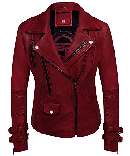 Bluepiel Poula Damen Lederjacke - Modernen Biker-Look - Echt Leder Jacke Rot Tailliert mit Reverskragen aus feinstem Lammnappa Leder (as3, alpha, l, regular, regular, Rot) von Bluepiel