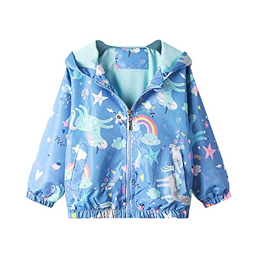 Domueay Jacke für Kinder Mädchen Kapuzen Outdoor Sport Windjacke Wind und Wasserdicht Mantel Sommer Frühling Herbst Licht Übergangsjacke Wanderjacke Outwear Jacken 1-2 Jahre, Blau Regenbogen Pferd von Domueay