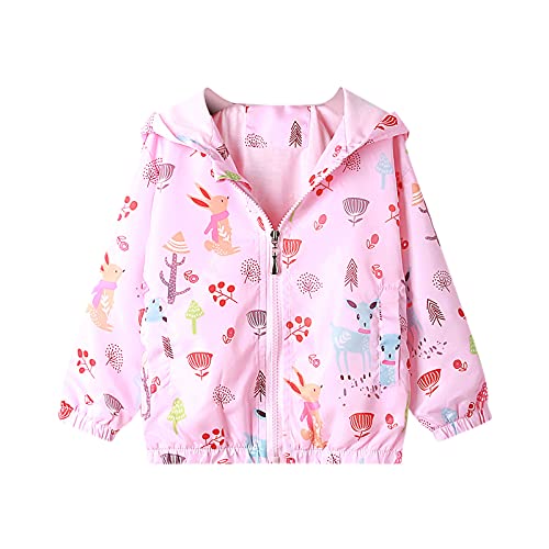 Domueay Jacke für Mädchen Kinder Kapuzen Cartoon-Tiere Outdoor Sport Windjacke Wind und Wasserdicht Mantel Sommer Frühling Herbst Licht Übergangsjacke Wanderjacke Jacken 4-5 Jahre, Rosa Elch Hase von Domueay