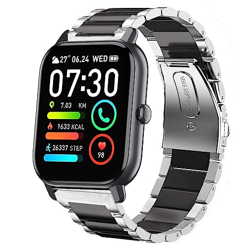 Bleushaweu Armband Kompatibel mit P66D Smartwatch 1,85'', Classic Edelstahl Uhrenarmband für Aptkdoe P66D / Dotn P66D / Ddidbi P66D Smartwatch 1.85 Zoll (Silber-schwarz) von Blueshaweu