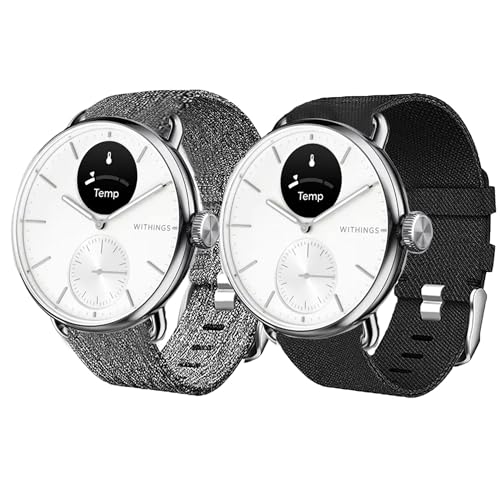 Blueshaweu 18mm und 20mm Armband Kompatibel für Withings Smartwatch, Nylon Strick Replacement Uhrenarmband für ScanWatch 2 38mm/ ScanWatch 2 42mm (18mm, schwarz+grau) von Blueshaweu