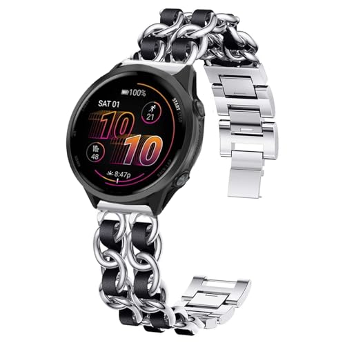 Blueshaweu 20mm 22mm Damen Kettenbänder Kompatibel für Garmin Forerunner 570, Edelstahlband Lederschlaufe Ersatzarmband Kompatibel mit Garmin Forerunner 570 42mm/47mm, 55,165,245,255 (Silber, 22mm) von Blueshaweu