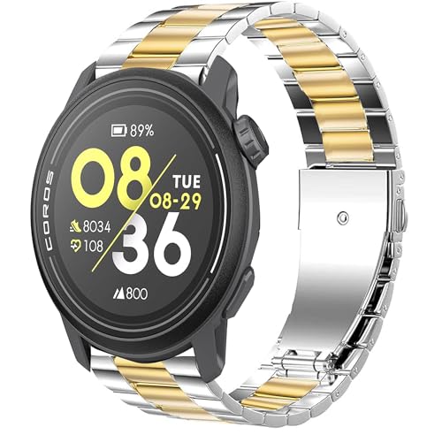 Blueshaweu 20mm 22mm Metall Armband Kompatibel für COROS Smartwatch, Classic Edelstahl Uhrenarmband Kompatibel mit Coros Pace 3/ PACE 2/ APEX 2 /APEX 2 Pro etc (Silber-golden, 22mm) von Blueshaweu