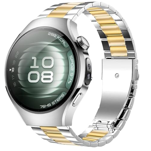 Blueshaweu 22mm 20mm Armband Kompatibel Für HUAWEI Watch 5, Classic Edelstahl Uhrenarmband Kompatibel mit HUAWEI Watch 5 42mm/46mm, Watch 4/4 Pro (Silber-golden, 22mm) von Blueshaweu