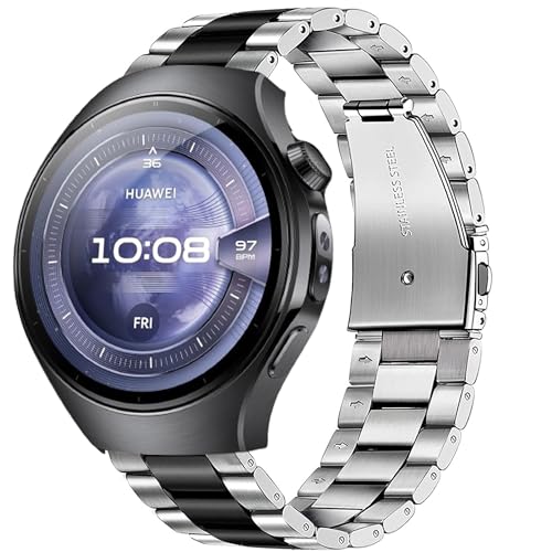 Blueshaweu 22mm 20mm Armband Kompatibel Für HUAWEI Watch 5, Classic Edelstahl Uhrenarmband Kompatibel mit HUAWEI Watch 5 42mm/46mm, Watch 4/4 Pro (Silber-schwarz, 20mm) von Blueshaweu