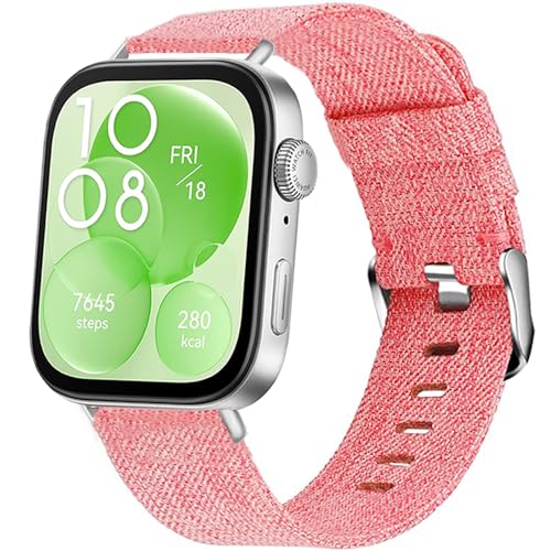 Blueshaweu Armband Kompatibel für Huawei Watch FIT 3, Nylon Strick Replacement Uhrenarmband für Huawei Watch FIT 3 Smartwatch 1,82 Zoll (Rosa + silbrig Adapter) von Blueshaweu