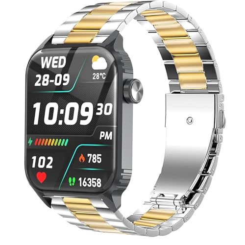 Blueshaweu Armband Kompatibel mit TRAUSI Smartwatch 1,8 Zoll TG08, Classic Edelstahl Uhrenarmband Armbänder Kompatibel Für TRAUSI TG08 Smartwatch (Silber-golden) von Blueshaweu
