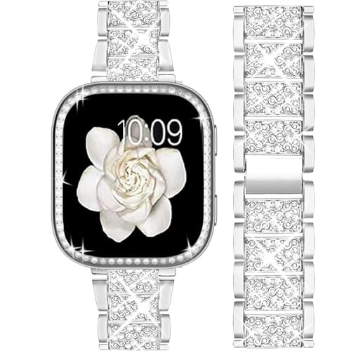 Blueshaweu Damen Armband und Schutzhülle Kompatibel mit Amazfit Bip 6, Quick Metall Band Premium Edelstahl Bracelet Gurt mit Bling PC hülle Kompatibel für Amazfit Bip 6 46mm Smartwatch (Silber) von Blueshaweu