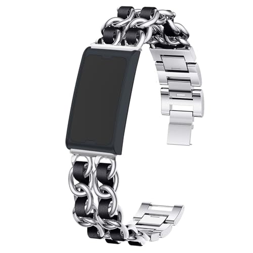 Blueshaweu Damen Kettenbänder Kompatibel mit Helio Strap, Edelstahlband Lederschlaufe Ersatzarmband Kompatibel Für Amazfit Helio Strap Smart Band Fitness-Tracker (Silber) von Blueshaweu