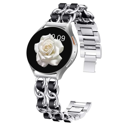 Blueshaweu Damen Kettenbänder Kompatibel mit Samsung Uhr, Edelstahlband Lederschlaufe Ersatzarmband Kompatibel für Galaxy Watch 7/6/5/4/FE, Galaxy Watch ultra 47mm (Silber, 20mm) von Blueshaweu