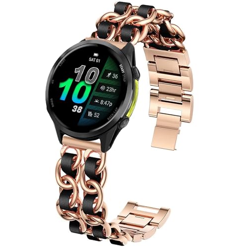 Blueshaweu Damen KettenbänderKompatibel mit Garmin Forerunner 970, Edelstahlband Lederschlaufe Ersatzarmband Kompatibel mit Garmin Forerunner 970, 965, 955/955 solar, 745 ﻿ (Rose Gold) von Blueshaweu