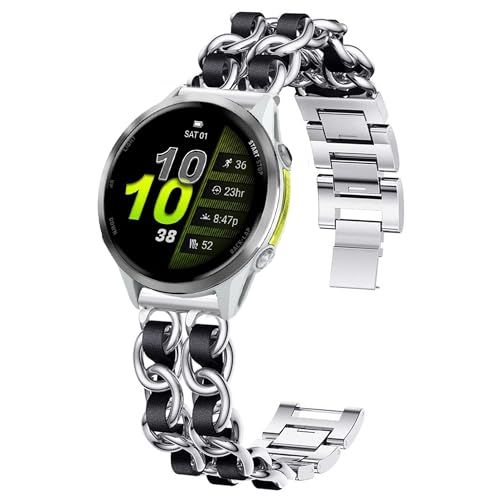 Blueshaweu Damen KettenbänderKompatibel mit Garmin Forerunner 970, Edelstahlband Lederschlaufe Ersatzarmband Kompatibel mit Garmin Forerunner 970, 965, 955/955 solar, 745 ﻿ (Silber) von Blueshaweu